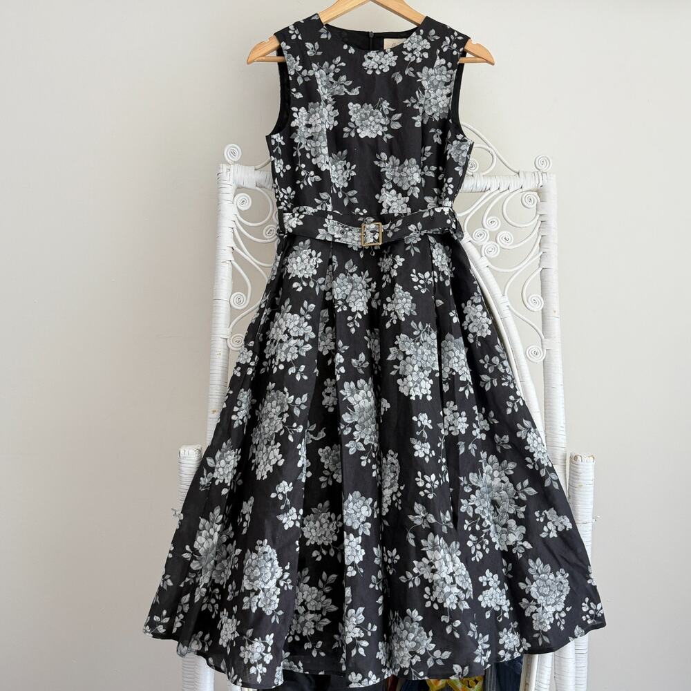 Linen Vibes Chillinen Dress XS Black Floral Midi Cotton Ramie Tea Garden Party
